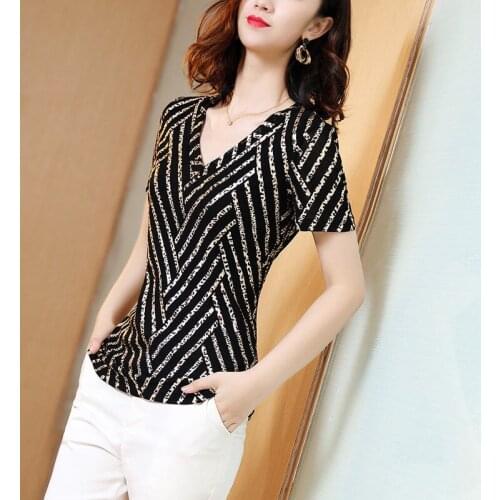 Womens Spring Summer Style Blouses Shirt Womens Elegant V-neck Short Sleeve Patchwork Striped Knitted Slim Tops DD8757