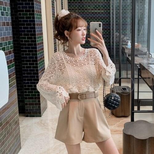 Women 2021 Summer Fashion Shorts Set New Female Hollow Out Long Sleeve Shirt and Wide Leg Shorts Elegant Ladies 2 Piece Set R151