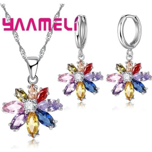 Vintage Flower Jewelry Set For Birthday Party Woman Colorful Fashion 925 Pure Silver Necklace Earrings Sets