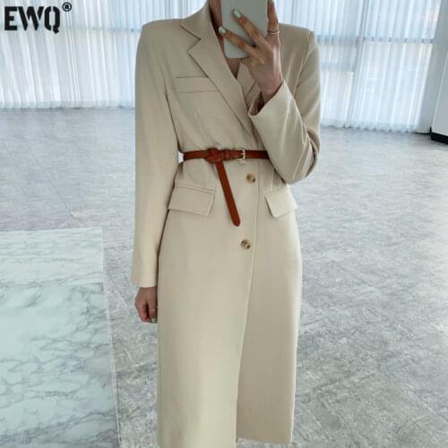 [EWQ] Blazer Black Womens Autumn 2021 New Notched Loose Single Breasted Over-the-knee Split Long Sleeve Suit Jacket 5E2933