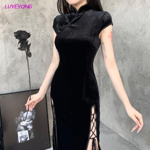 Lady High Split Sexy Stand Neck Slim Drawstring Velvet Dress Hipster Party Dresses Black Goth Women Dark Cheongsam 2020 Summer