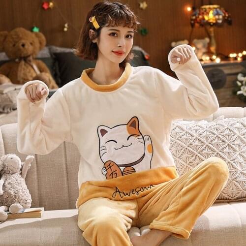 Winter Pajamas Womens Thickened Flannel Plush Cartoon Home Suit Size 200 Jin Fat Mm Pajama Sets nighty