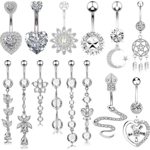 1pc Sexy Belly Button Ring Surgical Steel Navel Piercing Set Zircon Dangling Long Belly Bar Stud for Woman Body Jewelry 14G Gift