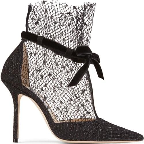 2021 New Fashion High Heels Pumps Women Pointed Toe Hollow Bow Tie Shoes Women Black Mesh Wedding Shoes Femmes Chaussures