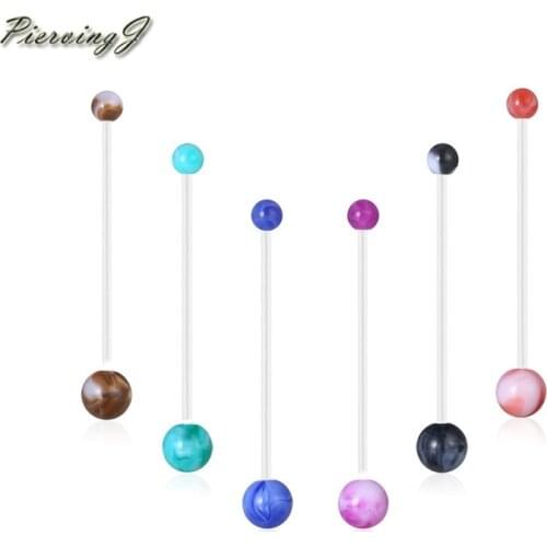 PiercingJ 6pcs 14G Belly Button Rings Set Mix Color UV Ball Flexible Acrylic Bioflex Bar Long Navel Barbell Body Piercing