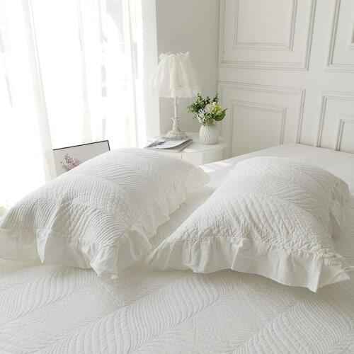 Cilected 100% Cotton White Thick Quilted Pillowcase Korean Lotus Leaf Lace Princess Style Cushion Cover Pillow Case Home Decor
