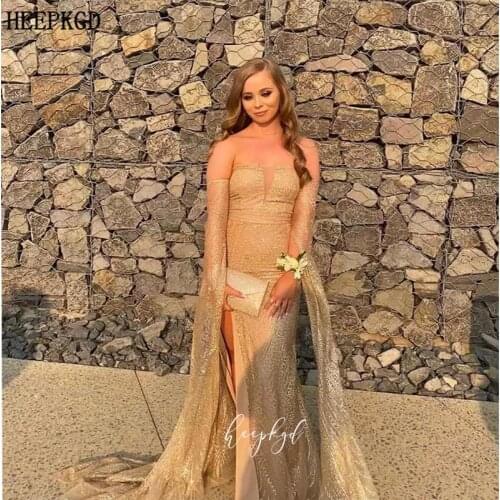 Sparkly Long Sleeves Saudi Arabic Evening Dress Strapless Side Slit Sexy Wedding Party Dresses Plus Size Graduation Gowns
