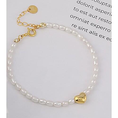 MLKENLY 925 Silver Freshwater Rice Bead Bracelet Fashion Creative Design Golden Silver Heart Shaped Bracelet Pearl Jewelry
