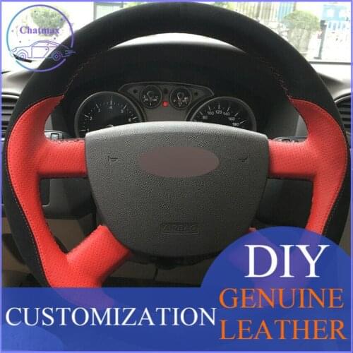 For Ford Focus 2 2005-2011 Custom Made Anti Slip DIY Car Steering Wheel Cover Black Suede Red Leather anti-slip all season