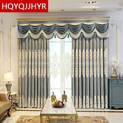 European blue elegant villa velvet living room curtains with high quality classic embroidered Voile Curtains for bedroom hotels