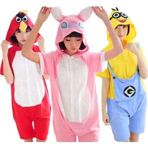 Cotton Kigurumi Panda Stitch Dinosaur Women Men Adult Summer Animal Cosplay Costume Short Sleeve Onesie Pajamas Hoodie Sleepwear