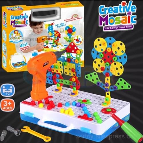 Boy Electric Drill Toy DIY Creative Mosaic Design Puzzle Set Screw & Nut Group Disassembly Toys for Kids Children Christmas Gift