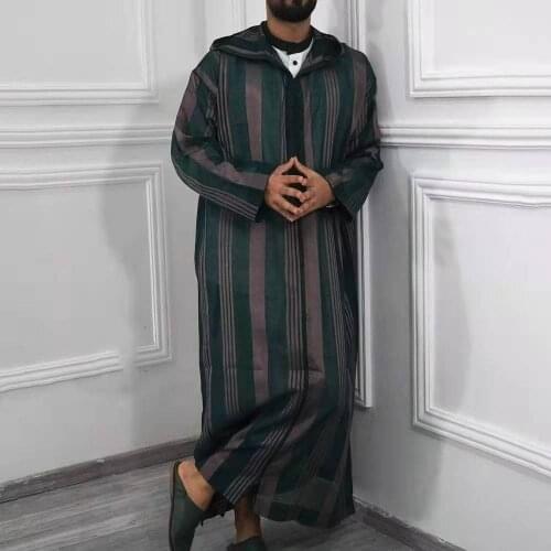 Spring Ethnic Style Mens Clothes Autumn Vintage Men Striped Robes Islamic Clothes Long Sleeve Saudi Arabia Muslim Hoodie Robes