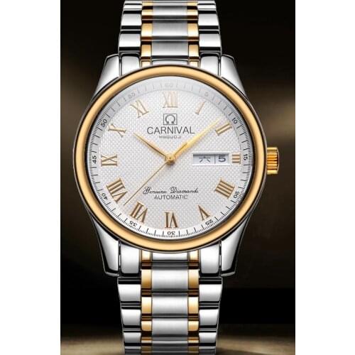 Carnival Men Automatic Watch Brief Roma Numbers Date Day Luxury Mechanical Watch Steel Band Double Canlendar