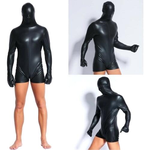 Man Faux Leather Hood Mask Tight Bodysuit Sexy Body Catsuit NightClub Stage Gay Wear Leotard Party Pole Dancing Fetish Costumes