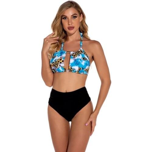 2021 New Fashion Ladies Solid Color Swimsuit Sexy Tight-fitting Halter Neck Strap High Elasticity Split Swimsuit Bikini Set