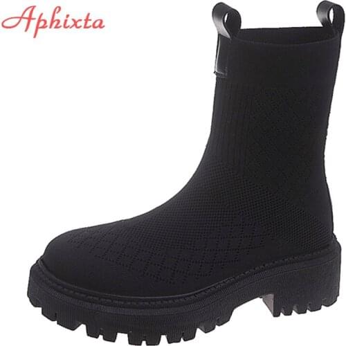 Aphixta 2021 New Autumn Slip-on Boots Women 5cm Square Heel Cotton Fabric Sock Boots Stretch Lady Footwear Platform Shoes