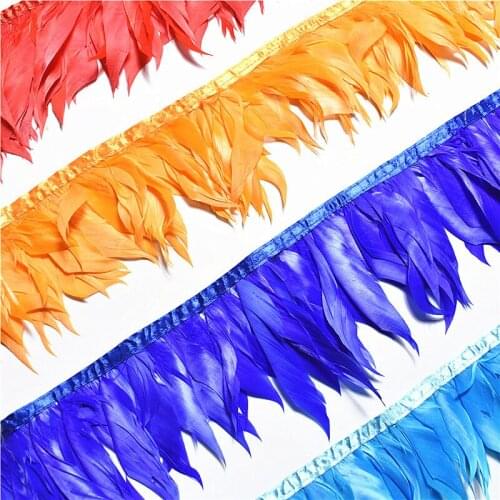 New natural dyed Chicken feathers trims 1yards 10-15cm stripe trimmed feathers for crafts skirt slim wedding decoration plumes