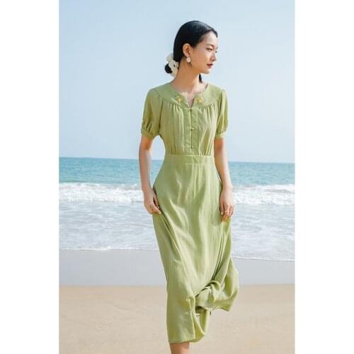 INMAN Summer Elegant Dress Women Retro Green Style Embroidery Collar Round Buttons Folding High Waist Short Sleeve One-Piece