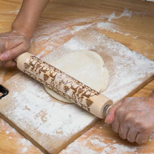 Christmas Rolling Pin Engraved Carved Wood Embossed Rolling Pin Kitchen Tool SUB Sale