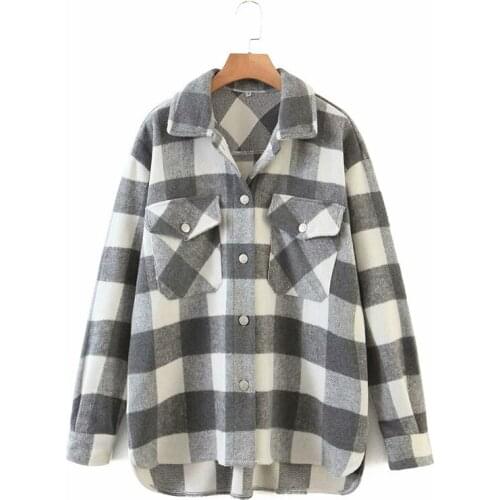 Streetwear women grey plaid thick shirts 2021 autumn fashion ladies pocket shirt female chic loose top casual girls blouses