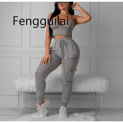 Sporty Sexy Fashion Matching Set Women Workout 2021 Autumn Jogger Set Pocket Sleeveless Top and Pants 2 Piece Outfits