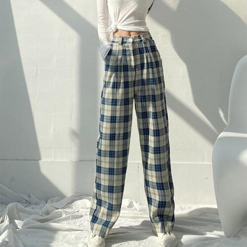 Vintage Plaid Printed Long Straight Trousers For Women Suit Pants Casual High Waist Loose Slim Pants Streetwear Femme