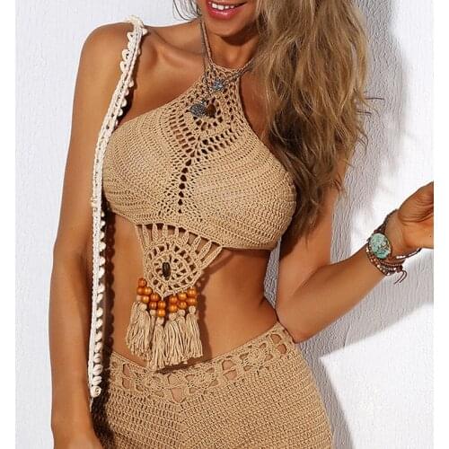 2020 New Crochet Halter Bikini Tops sexy women tassel beads swimwear bathing suit crop tops beachwear