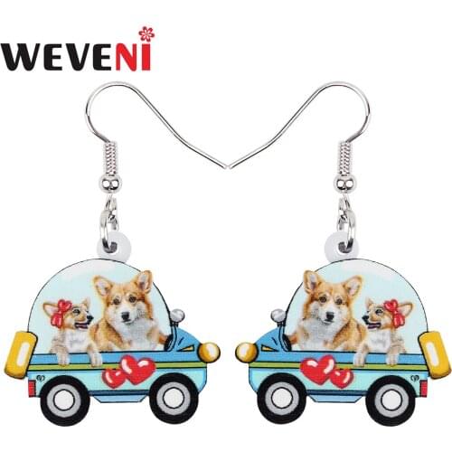 WEVENI Acrylic Sweet Blue Heart Corgi Dogs Car Earrings Long Drop Dangle Fashion Charms Pets Gifts Unique Jewelry For Women Girl