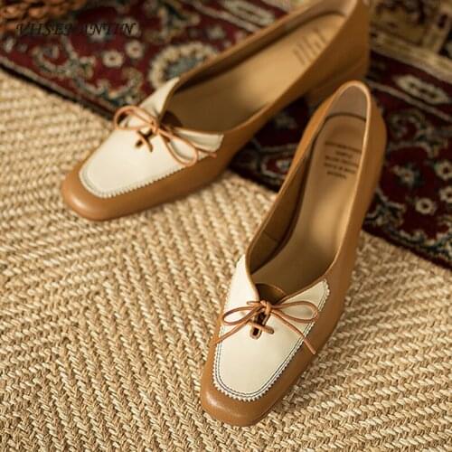 Color matching bow tie lace low-heeled square toe flat shoes 2021 spring and summer British style retro leather shoes women