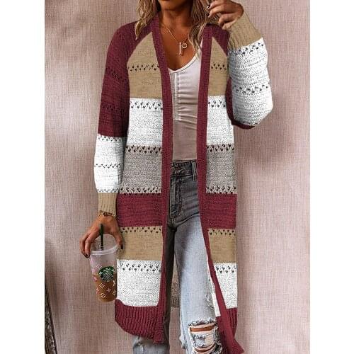 New Cardigan Sweater Autumn And Winter Womens Color Striped V-neck Cardigan Jacket Casual Knitted Long Loose Winter Sweater