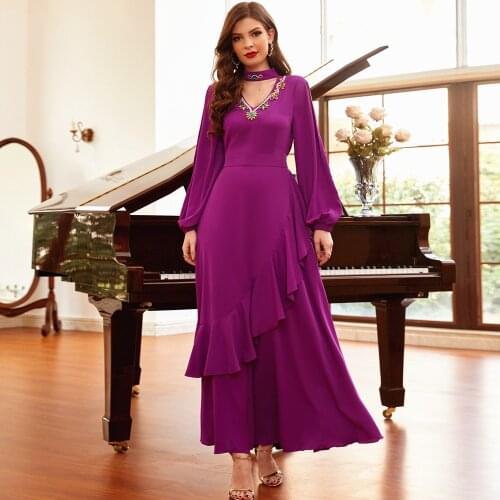 Women Diamonds Morocco Dress Maxi Loose A Line Satin Flare Half Lace Sleeve Dubai Arabic Party Eid Robe Crystal Jelleba Caftan