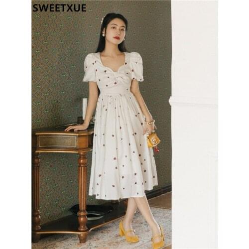SWEETXUE 2021 Summer Fashion Strawberry Print Retro Puff Sleeve Temperament Long Dress Womens Elegant Chic Party Female Vestido