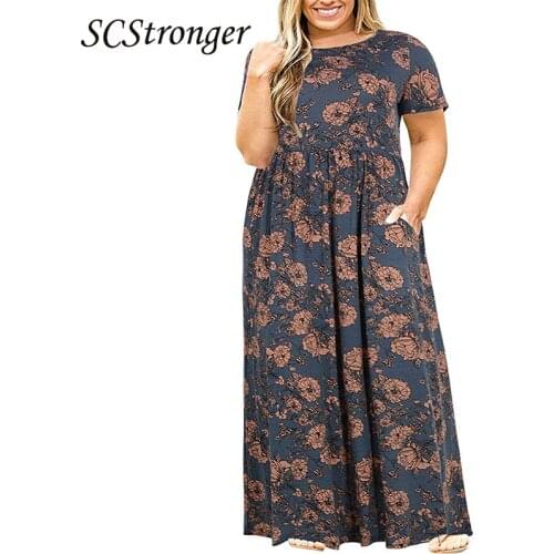 SCSTRONGER Summer Plus Size Womens Short Sleeved Round Neck Dress Foreign Trade Printed Long Skirt Vestidos Mujer Verano 2021