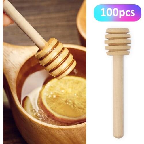 100pcs Honey Stir Bar Mixing Handle Jar Spoon Practical 100Pc Wood Dipper Honey Long Stick Supplies Honey Kitchen Tools