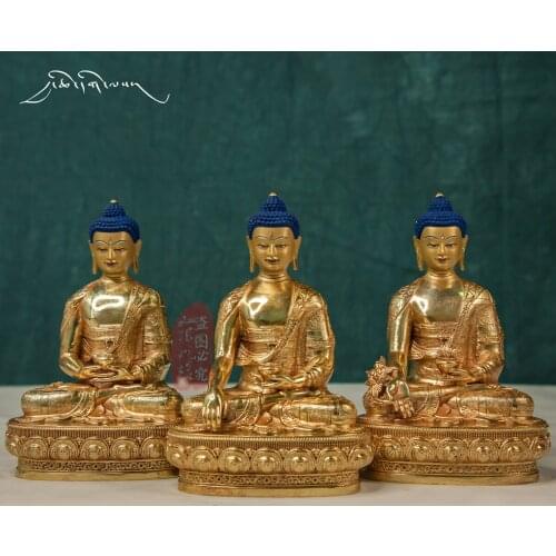 3PCS Asia Nepal Tibet HOME temple High grade Buddha statue bless safe healty Gilding Amitabha Sakyamuni Medicine buddha statue