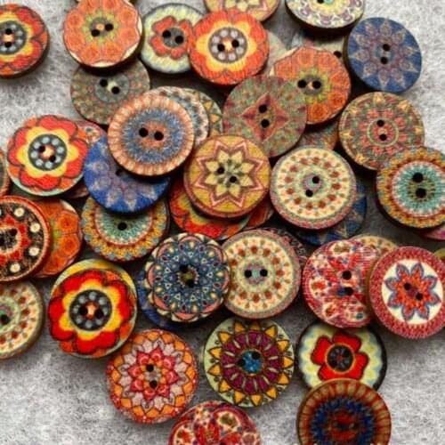 50Pcs 15/20/25mm Random Mix Retro Printing Wood Buttons Clothing DIY Decorative Painting Crafts Handmade Gift Accessories