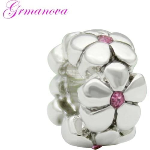 Pink crystal plant flower charm beads handmade DIY jewelry accessories amulet Fit Pandora Bracelet Necklace