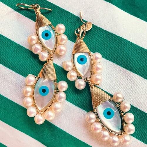 Bohemian long drop dang;e creative handcrafted mother of pearl evil eyes bead Lolitas gold wires beckjewels earrings for women