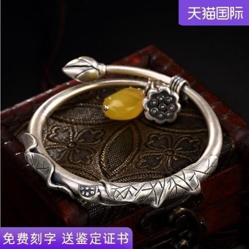 999 silver retro lotus lotus push-pull inheritance coarse silver bracelets