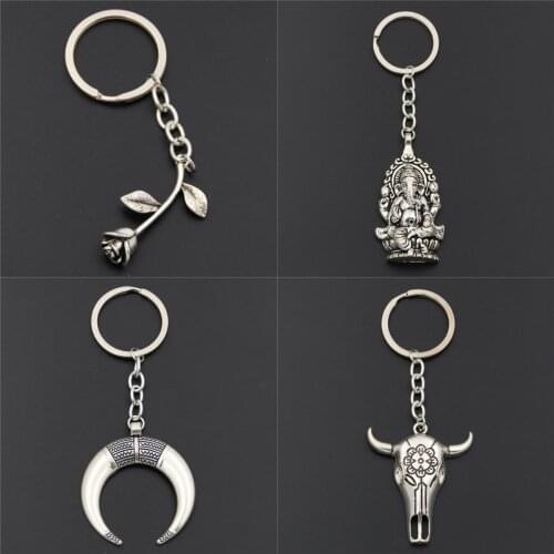 1pc Rose Charms Ganesha Keychains Cow Pendant Keyring For Women Men Car Key Ring