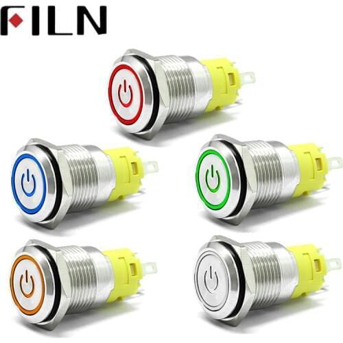 Filn 16mm 6V 12V 110V 220V LED momentary latching Brass Nickel Plate anti vandal waterproof Push Button Switch with Power symbol