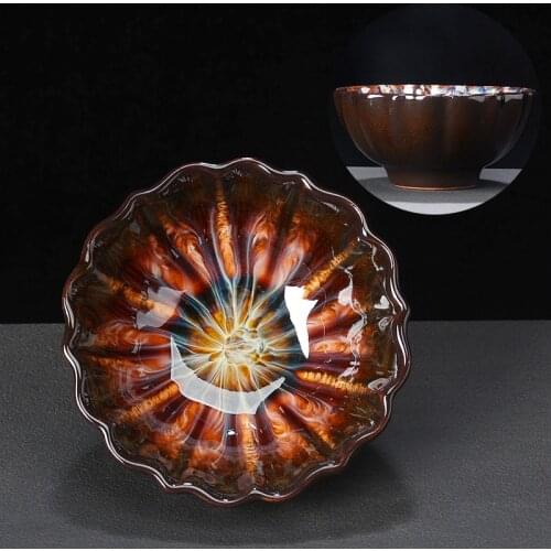 Ceramic Tea cups Flower Shape Tenmu Glaze Tasting Tea Cup Big Size Chinese Tea Bowl