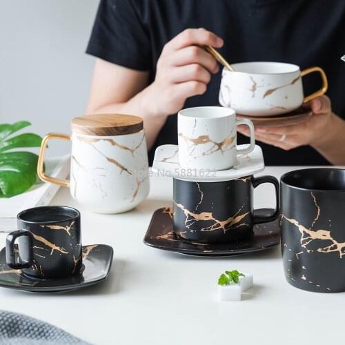 Ceramic Mugs Milk Coffee Cups Saucer Suit Marble With Wooden Lid Tray Couples Cup Gift Nordic Style