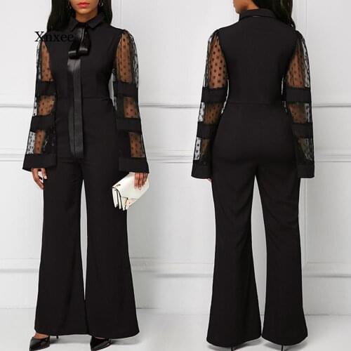 Wide Leg Bodysuit for Women 2021 Spring Black Elegant Mesh Dot High Waist Office Lady Rompers Casual Jumpsuit Overalls