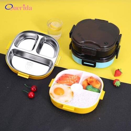 Three Grid 304 Stainless Steel Lunch Box Portable Healthy Microwave Bento Box For Kids Leak-Proof Dinnerware Food Container