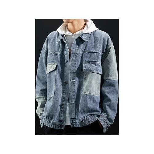 Fashion mens stitching denim jacket lapel denim jacket mens casual street hip-hop loose youth jacket