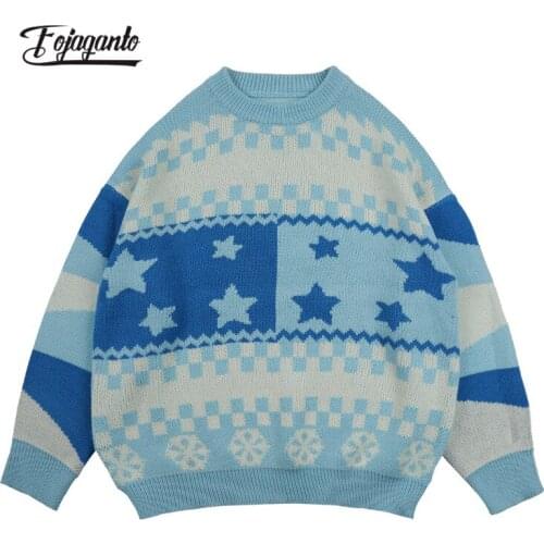FOJAGANTO Mens Autumn Youth Sweater Trend High Street Long Sleeve Pullover Fashion Loose Cartoon Pattern Knitted Sweater Men