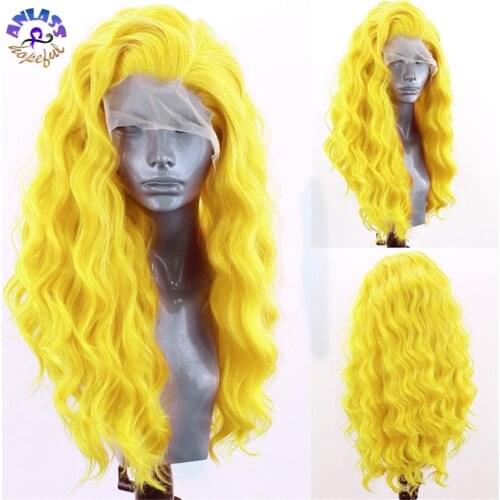 Free Part Wet and Wavy Lace Front Wigs Synthetic Hair Yellow Color Lace Frontal Wigs For White Women Cosplay/ Party