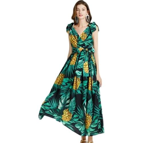 New Summer Women Sexy V-Neck Sleeveless Sashes Slim Long Dress High Quality Sweet Pineapple Print Beach Vacation Dress